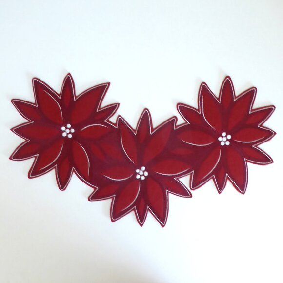 NEW 29” CHRISTMAS POINSETTIA EMBROIDERED WOOL TABLE RUNNER MAT CENTERPIECE - Picture 2 of 10